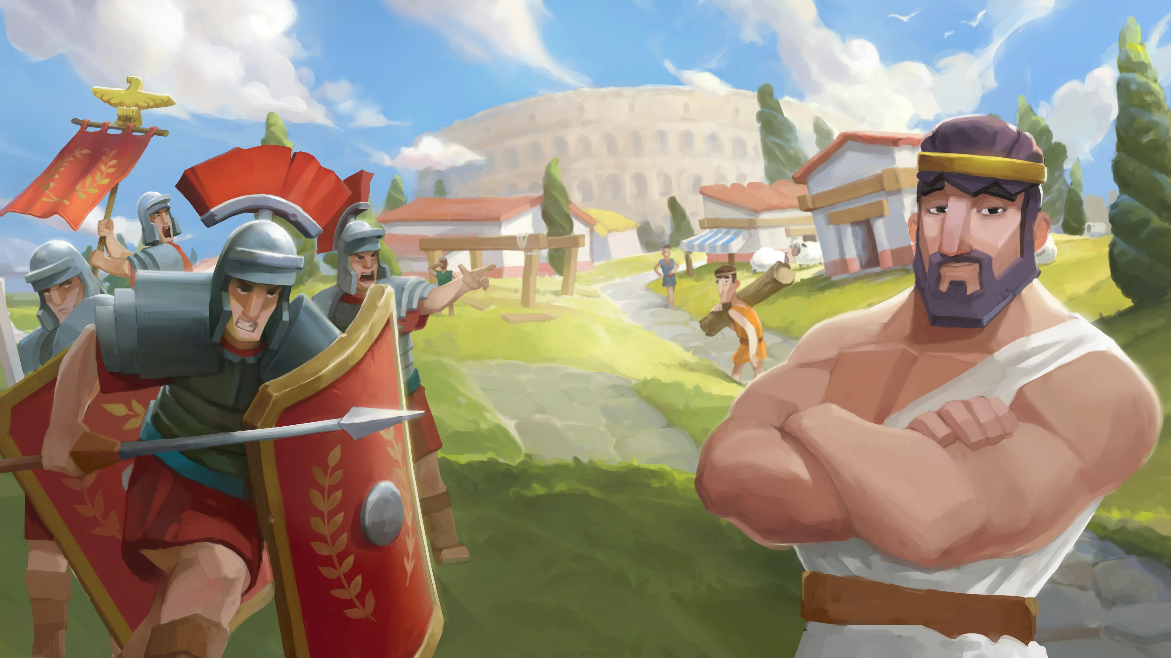 Gladiators: Survival in Rome key art — Roman legionnaires and a gladiator before the Colosseum